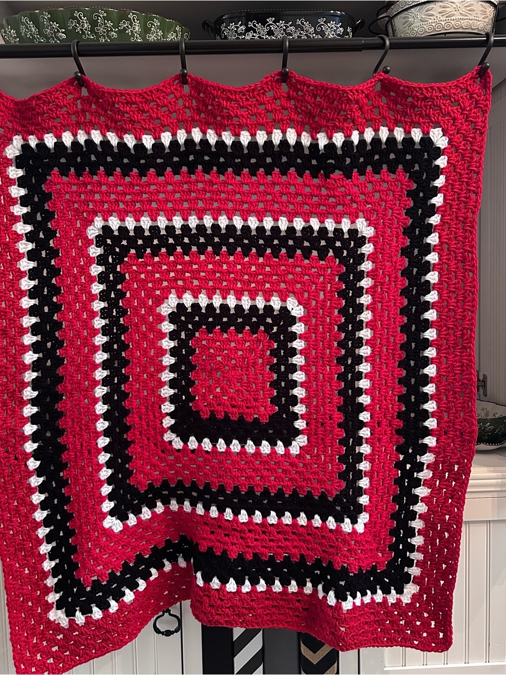 Handmade Granny Square Red, Black & White Crochet Throw Blanket Approx 35x35 in